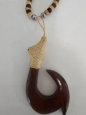 Wooden Fish Hook Pendant Necklace in Dark Brown and Natural